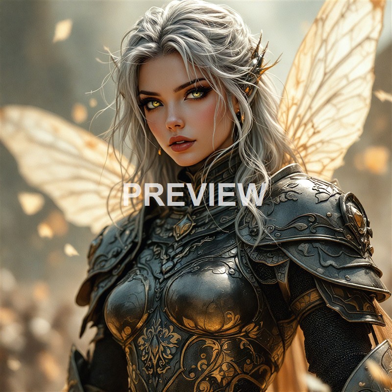 A woman with silver hair and glowing yellow eyes dressed in intricate black armor with gold accents, featuring large butterfly-like wings in a fantasy setting.